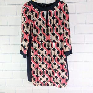 Trina Turk Long Sleeves Navy/Pink Silk Shift Dress